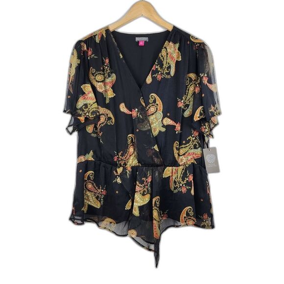 Vince Camuto Asymmetric Blouse Top Paisley Cinch Waist Lined Rich Black Size 2X - Picture 4 of 16